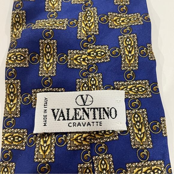 Valentino Cravatte Silk Blue & Gold Printed Tie - Picture 3 of 5